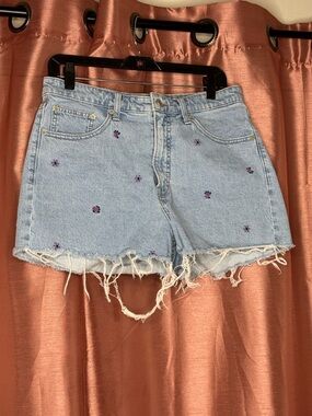 Light Blue Embroidered Denim Shorts - Pink Floral Accent